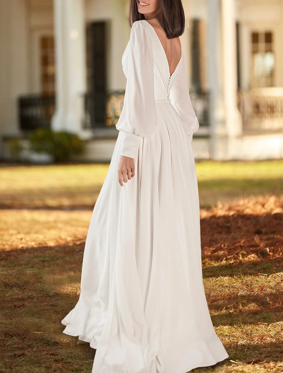 Wholesale Simple Wedding Dresses A-Line V Neck Long Sleeve Sweep / Brush Train Chiffon Bridal Gowns With Pleats